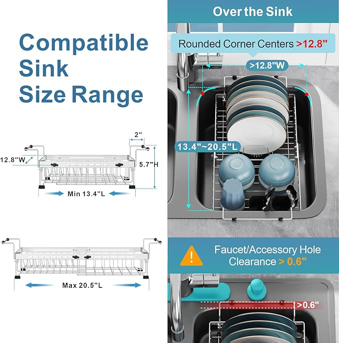 GSlife Expandable Dish Drying Rack for Large Sink- Stainless Steel Over the Sink Dish Drainer with Locking Knob for Kitchen, Arms with Non Slip Rubber, 12.8" W x 13.4"-20.5" L, Silver