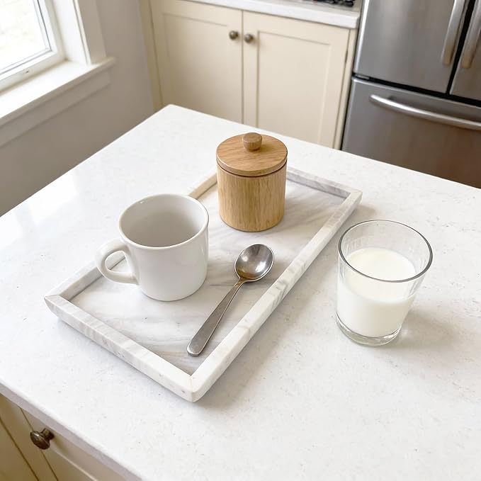 Natural Marble Vanity Bathroom Tray, 12 x 6 Inch Elegant Home Decor Tray for Kitchen,Bathroom,Dresser, Coffee Table,Sink Storage Holder Organizer, Jazz White (NS051)