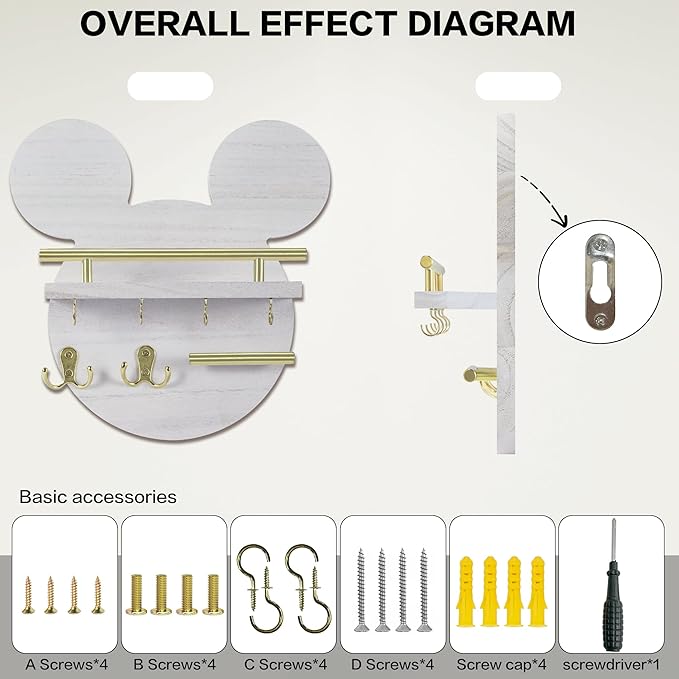 AIRPOP Key Holder for Wall–Mouse Wooden Mail Organizer Wall Mount with Shelf and 6 Hooks, Easy Installation Key Rack Hanger for Entryway Living Room Home Decor(White)
