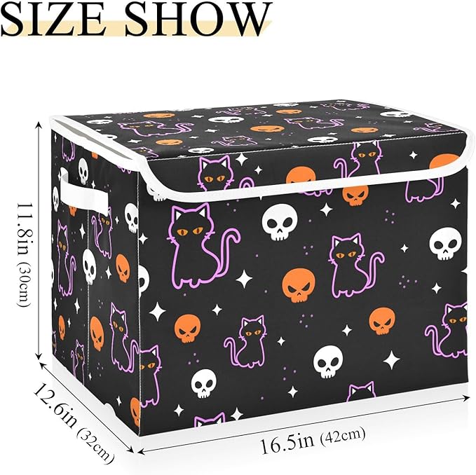 senya Halloween Storage Baskets Collapsible Storage Bins with Lids, Halloween Colored Skulls Black Cat Storage Boxes Clothes Baskets for Organizing