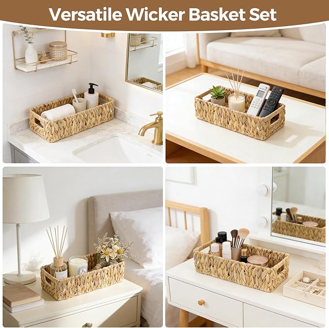 Toilet Paper Storage Basket for Bathroom, Water Hyacinth Toilet Tank Baskets Organizer, Wicker Small Basket Woven Long Narrow Baskets for Back of Toilet Both Storage&Decor, Set of 2