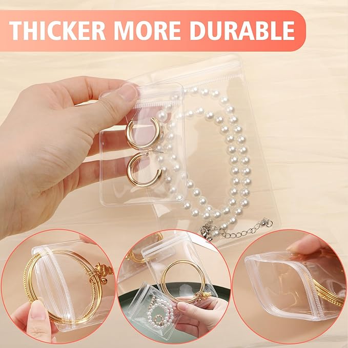 50 Large Plastic Jewelry Bags with Zipper, Clear Anti Tarnish Jewelry Bags for Small Business