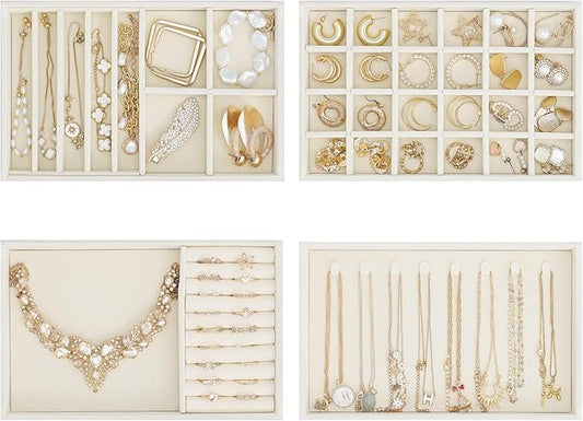 ProCase Stackable Jewelry Organizer Trays for Drawers, Jewelry Drawer Inserts Container Display Case Storage for Earring Necklace Rings Bracelet with Removable Dividers -Cream Beige, 4 Layers