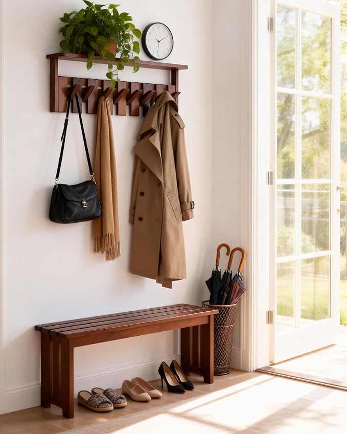 Wooden Coat Rack Wall Mount with Shelf, Heavy Duty Entryway Organizer with 8 Hooks,Coat Hooks Hanger for Coats, Hats, Bags & Towels, Walnut Wall Hanger for Hallway, Bedroom, Kitchen (8 Hooks)