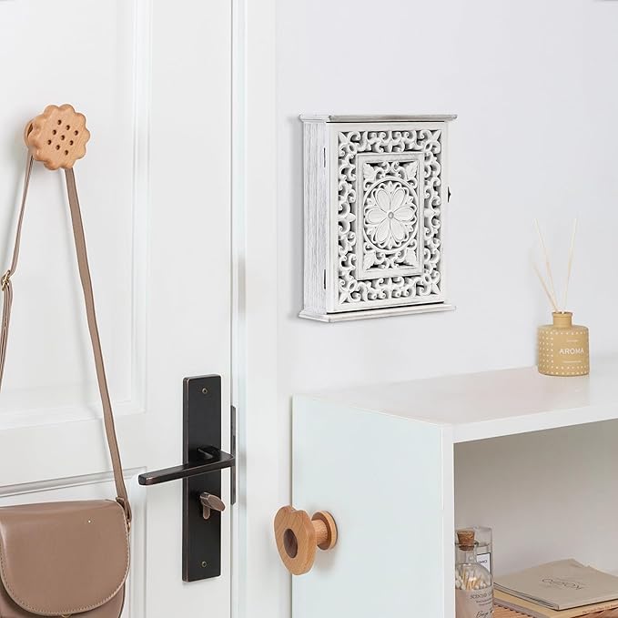 Wooden Key Holder for Wall, Key Box Key Cabinet, Key Hooks Wall Mounted Key Hangers Rustic Decorative Key Rack with 6 Key Hooks for Home Office Entryway Hallway Bedroom Living Room