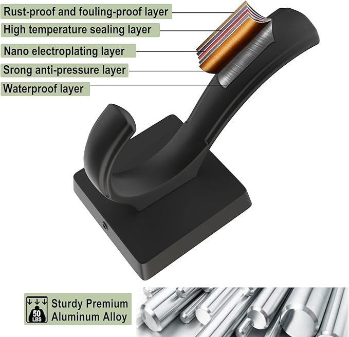 Black Towel Hooks, Coat Robe Hooks Bathroom Entryway Mudroom Pool Hooks for Wall Mount Hanging Towels Bathrobe Key Hat Backpack (2 Pack, Black)