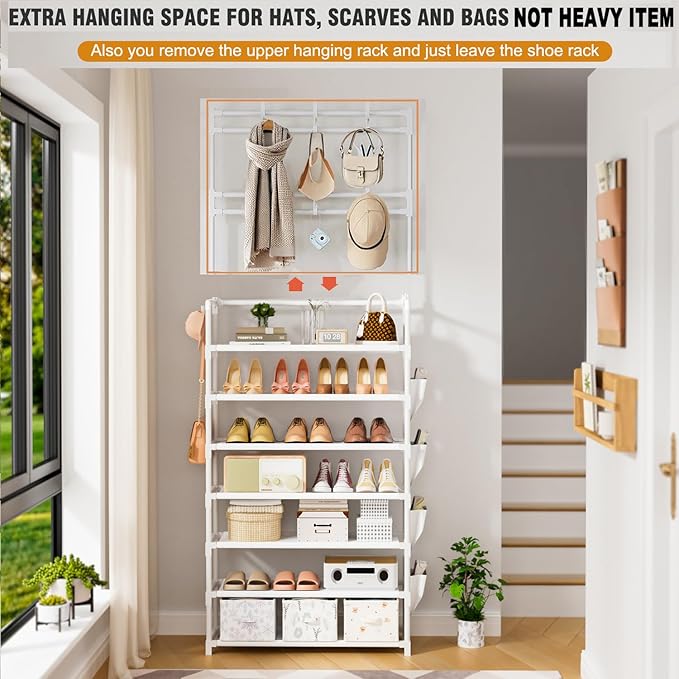 Shoe Rack 7 Tier Shoe Organizer Storage 21-28 Pairs Closet Shoes Rack for Front Door Entrance Shoe Rack Organizer with Hooks Side Pocket Entryway Large Capacity Shoe Shelf Tower Garage