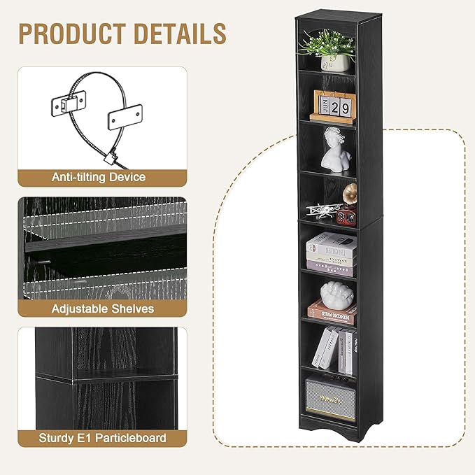 VECELO 6 Adjustable Shelf Narrow Storage Shelf - Elevated Dust-Resistant Base, Customizable Compartment Heights, Black Display Shelf for Small Spaces