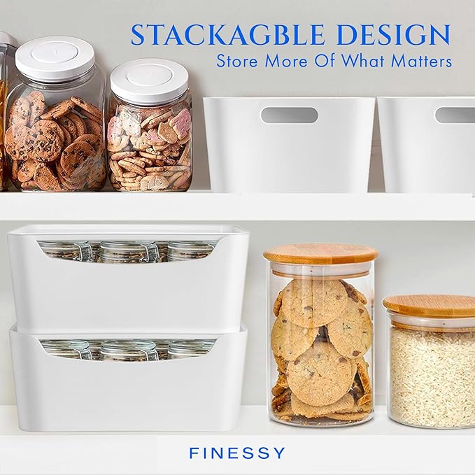 White Small Storage Bins with Lids 2 Pack for Organization for Pantry Bathroom Shelves Closet Cabinets, Stackable Plastic Storage Basket with Lid, Lidded Organizing Bin Containers for Shelf and Crafts