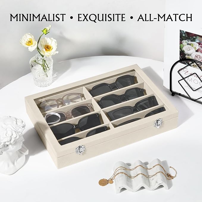 Emibele Glasses Organizer Jewelry Tray, 8 Grids with Clear Lid Velvet Tray Watch Storage Stackable Jewelry Showcase Display Storage with Detachable Inner Dividers, Beige