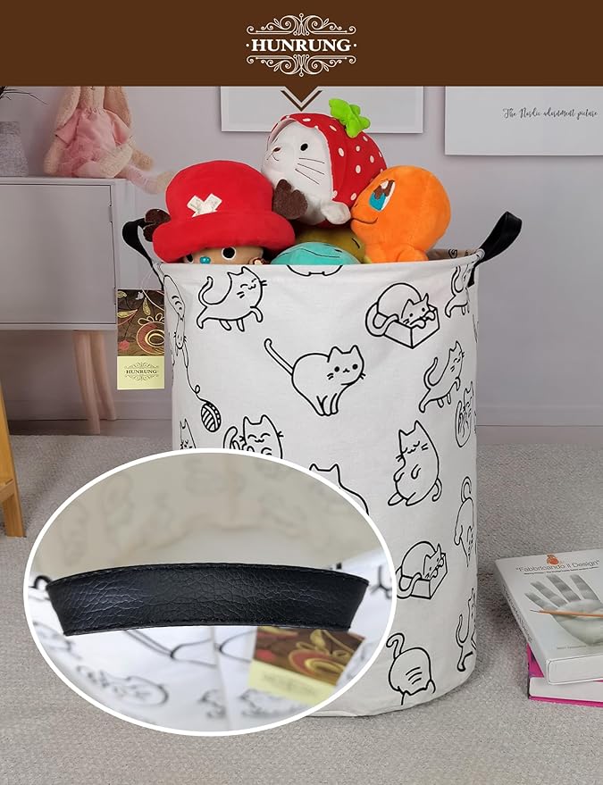HUNRUNG Laundry Hamper,Large Canvas Fabric Lightweight Storage Basket Toy Organizer Dirty Clothes Collapsible Waterproof for College Dorms, Children Bedroom,Bathroomï¼Round catï¼