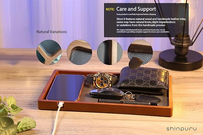 Shinpuru Wooden Valet Tray with Leather Inlay - Nightstand & Desk Organizer - EDC Essentials Catchall Tray for Keys, Phone, Wallet, Watch, Earbuds - Stylish Storage (Wood-Full)