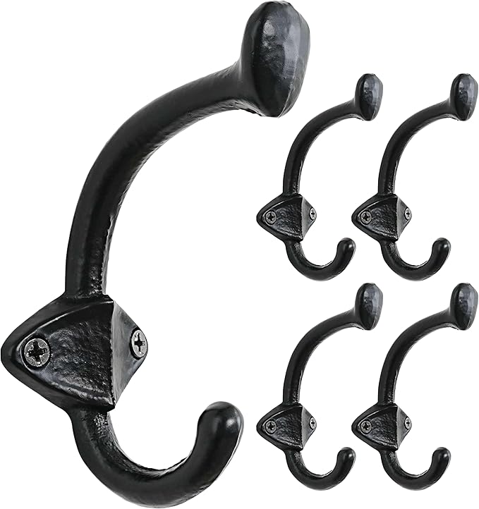 Dseap Cast Iron Wall Hooks L=5”, Heavy Duty Coat Hooks, Rustic Vintage Farmhouse Hook for Hanging Winter Coats Jackets Towels Hats Bags Plants, Antique Black, Pack of 5 (ShieldBold)