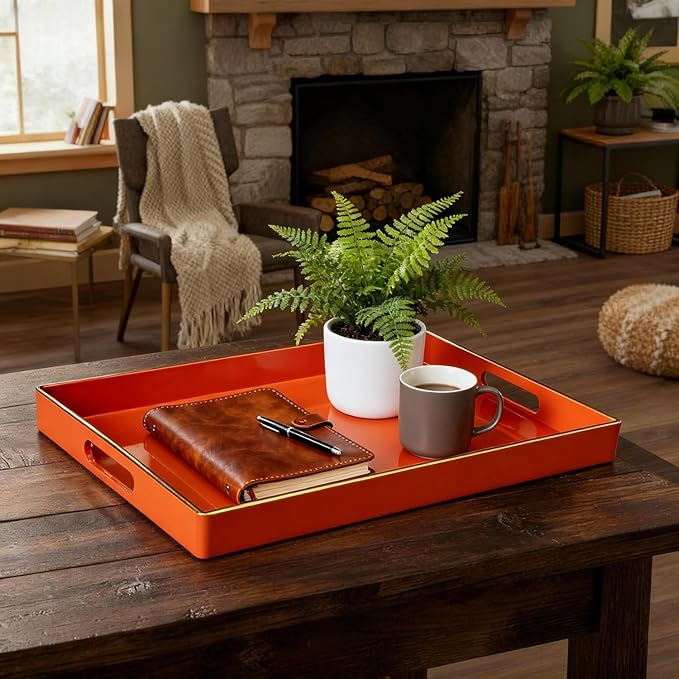 Zosenley Decorative Tray, Rectangular Plastic Tray with Handles, Modern Vanity Tray and Serving Tray for Bathroom, Kitchen, Ottoman and Coffee Table, 15.6â x 10.2â (Orange)