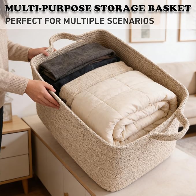 Magazine & Newspaper Baskets,65L Large Woven Rope Blanket Basket,21"x16"x12"Storage Bin with Handle,Toys Storage,Laundry Basket for Home Organization/Living Room/Nursery/Bedroom,Brown