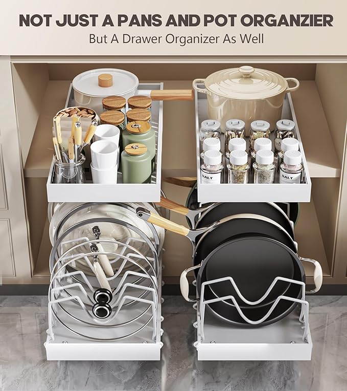 Pull Out Pots and Pans Organizer Under Cabinet, Sliding Lid Holder and Pan Rack in Kitchen, Slide Out inside Cabinet Storage for Pot Lid, Bakeware, Dishes, 8 Adjustable Dividers, 2 Pack White