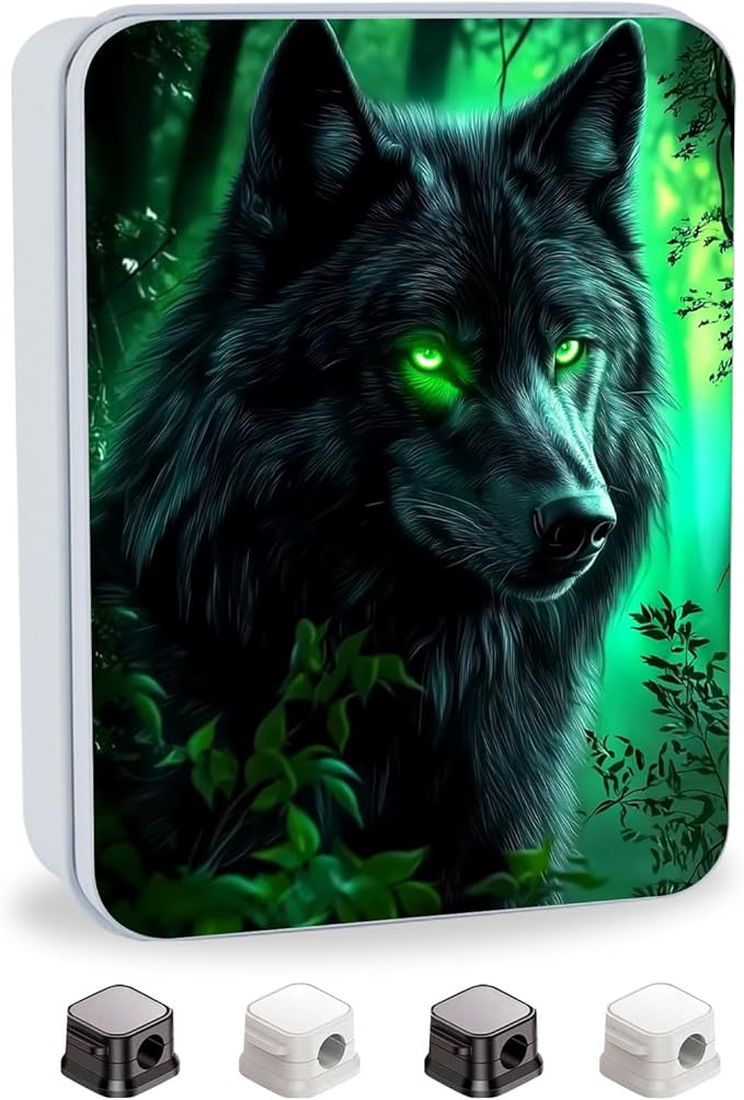 Metal Tin Box with Lid,Multi-functional Storage Box Can Store Tea Biscuits Game Cards, Playing & Tarot Cards-Comes with 4 Magnetic Cord Clips,Wolf with Glowing Green Eyes