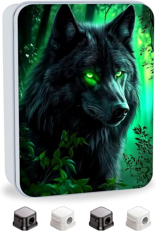Metal Tin Box with Lid,Multi-functional Storage Box Can Store Tea Biscuits Game Cards, Playing & Tarot Cards-Comes with 4 Magnetic Cord Clips,Wolf with Glowing Green Eyes