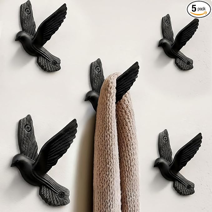 Ambipolar Flying Style Iron Cast Decorative Pigeon Bird Wall Mounted Coat Hooks, 5 Pieces, Black