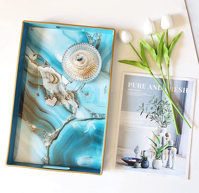 Spsyrine Decorative Tray, Plastic Marble Serving Tray with Handles for Breakfast, Ottoman, Coffee Table, Bathroom, Kitchen, Living Room 15.6â X 10.2"