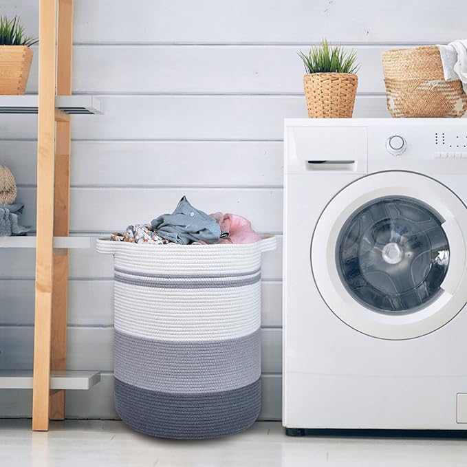 COMSE Extra Large Blanket Basket, Tall Laundry Basket, Nursery Hamper, 15.7âx 21.7â, Cotton Rope Woven Laundry Hamper for Storage Toys Clothes Towels, Gradient Gray
