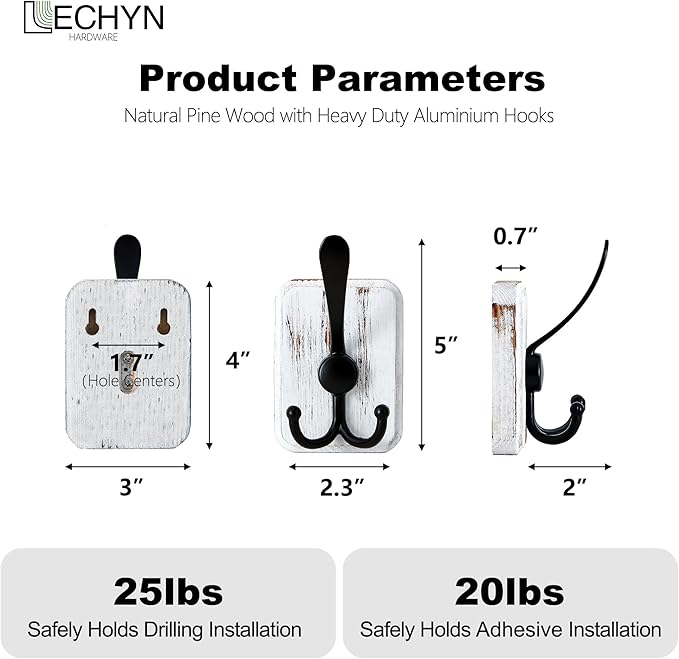4 Pack Rustic Coat Hooks Wall Mount, Farmhouse Towel Hooks for Bathrooms, Heavy Duty Adhesive Mounted & Drill Mount Decorative Wood Wall Hooks for Hanging Towel Robe Backpack (White)