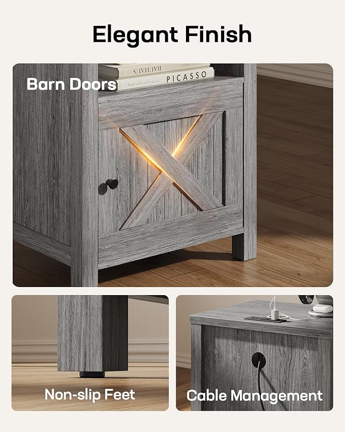Marsail Farmhouse Nightstand Set of 2 with Charging Station, Wood Bedside Table with USB Port & AC Outlet, Open Shelf and Enclosed Cabinet, Side Table with Storage for Bedroom, Grey