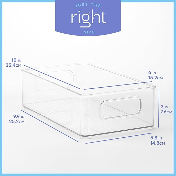 primebox - Clear Plastic Organizing Containers, 4 Pack - Stackable Storage Bins with Handles, 10"x6"x3"