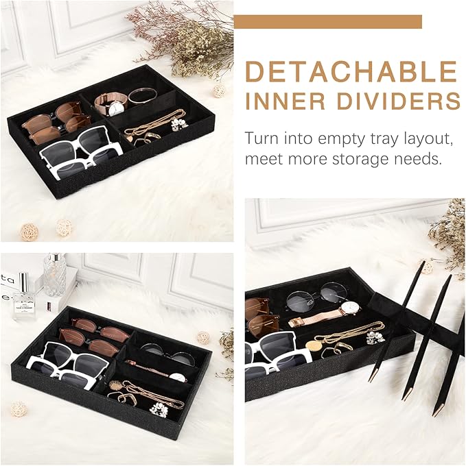 Emibele Glasses Organizer Jewelry Tray, 8 Grids Velvet Tray Watch Storage Stackable Jewelry Showcase Display Storage with Detachable Inner Dividers, Black