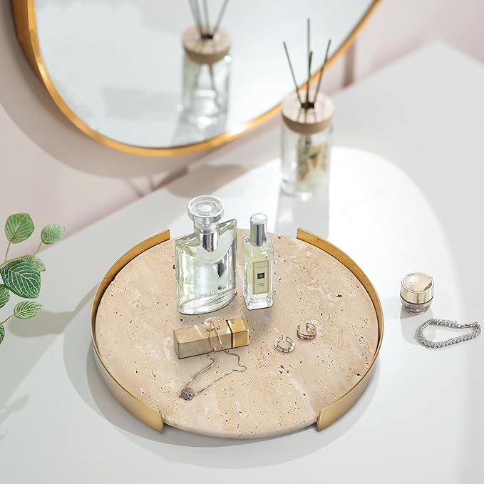 Travertine Tray, Round Marble Vanity Bathroom Countertop Tray, Ceramic Decorative Trays for Coffee Table (L)