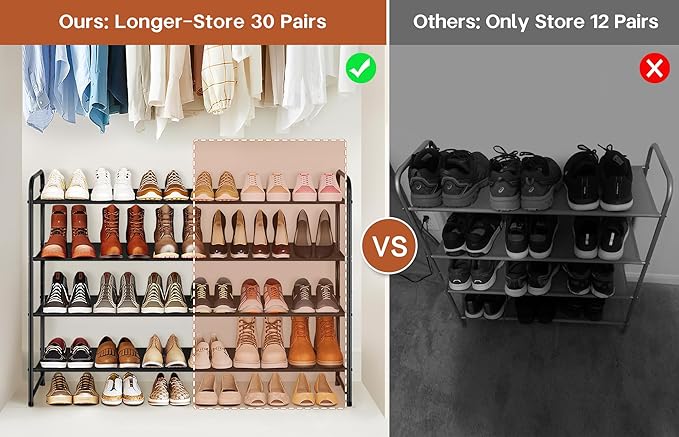 KIMBORA 4 Tier Long Shoe Rack for Closet Floor, Wide Shoe Shelf Storage Organizer 30-Pairs Stackable Sneaker Organizer for Closet, Bedroom (Black)