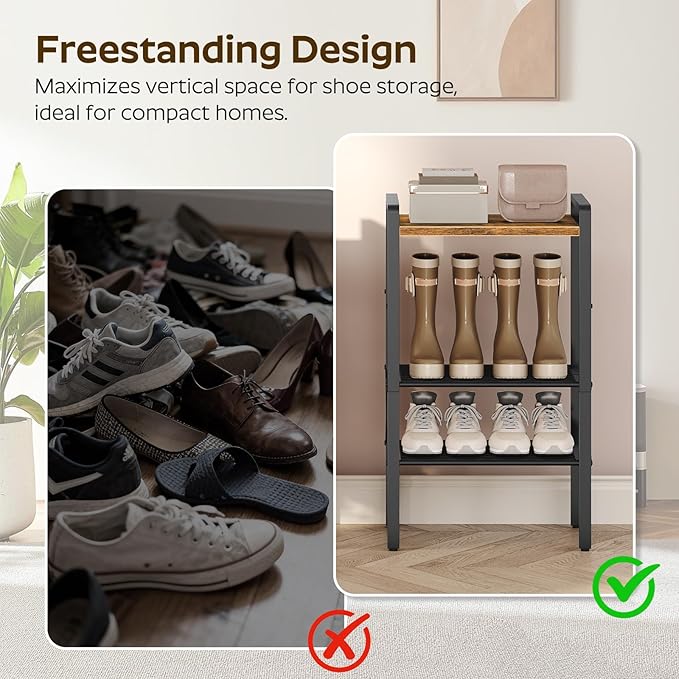 4-Tier Narrow Shoe Rack, Tall Shoe Rack for 4-8 Pairs, Slim Shoe Storage Organizer with Wooden Top, Space Saving, Metal Frame, for Entryway, Rustic Brown and Black SS64BR