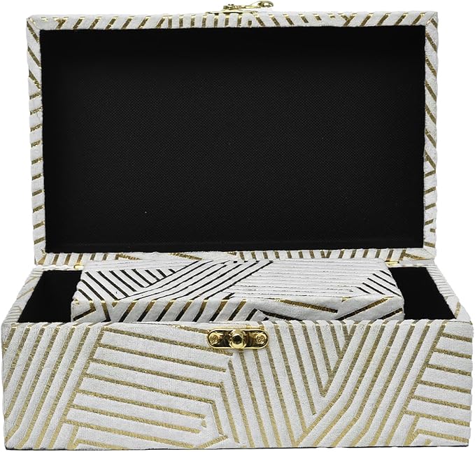 Velvet Decorative Boxes Storage Accessory Organizer with Gold Stripe Set of 2, White