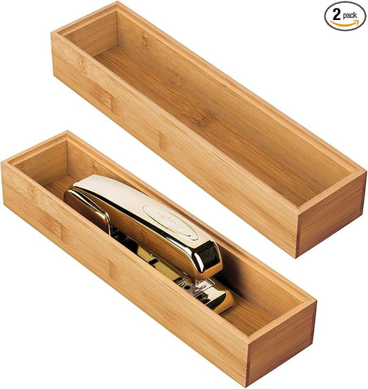 mDesign Slim Wooden Bamboo Drawer Organizer for Office - 12" Long Stackable Storage Box Tray for Desk Drawers/Cabinet - Junk Drawer and Accessories Organization - Echo Collection, 2 Pack, Natural Wood