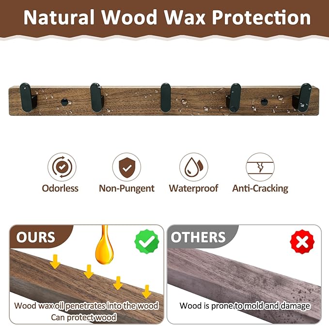 Coat Hooks Wall Mount, 16.5" Wall Mounted Coat Rack with 5 Aluminum Hooks for Hanging Backpacks, Hats, Dog Leashes, Towels, Keys, Walnut Wood Wall Hooks for Entryway, Bathroom, Bedroom