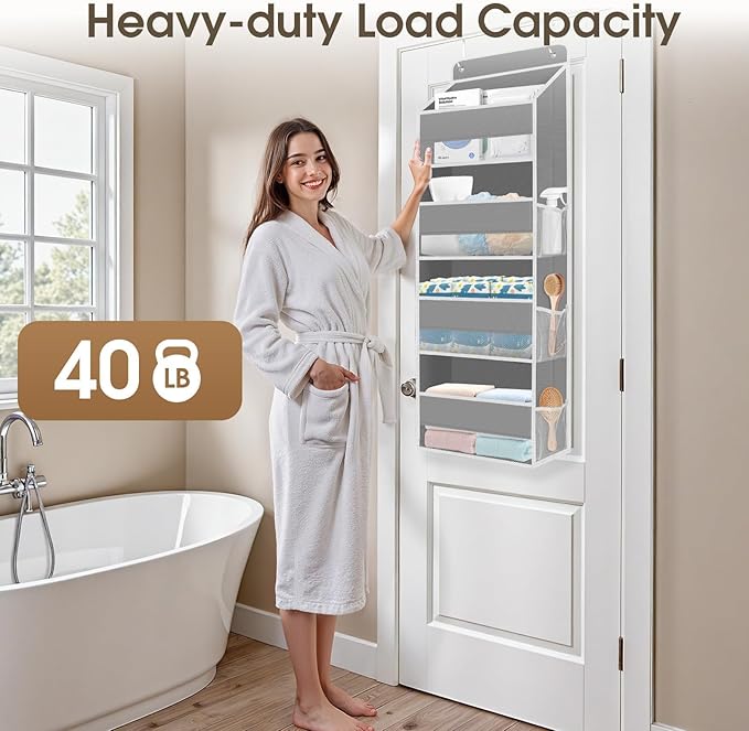 2 Pack Over The Door Organizer, Hanging Storage Organizer with Clear Window, 40lb Ultra Sturdy Large Capacity Room Organizer for Pantry Laundry Bathroom Nursery Closet (Grey)