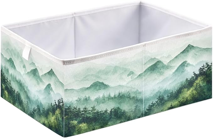 Blueangle Green Mountains Rectangle Storage Bin, 15.8 x 10.6 x 7 in, Large Collapsible Organizer Storage Basket for Home Décor