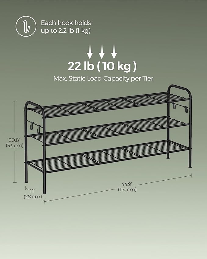 SONGMICS Shoe Rack, 3-Tier Shoe Organizer, Metal Shoe Shelf Storage with 4 Side Hooks, Holds 18 Pairs of Shoes, Height-Adjustable Shoe Rack for Entryway, Hallway, Closet, Ink Black ULMR131B01