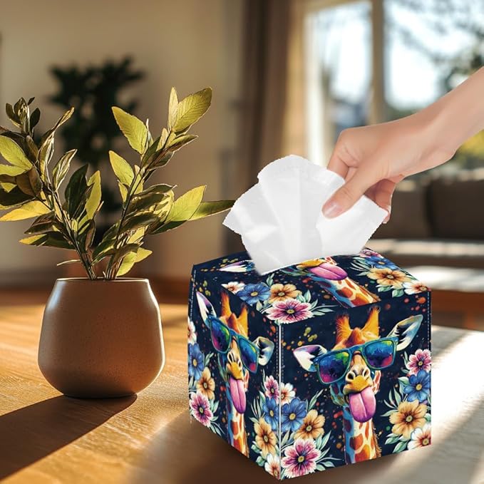 Giraffe Tissue Box Holder, Square Tissue Box Cover Foldable Tissue Storage Box Waterproof Paper Towel Case Container Organizer Tissue Box Holder for Bedroom Office Bathroom Car Nightstand