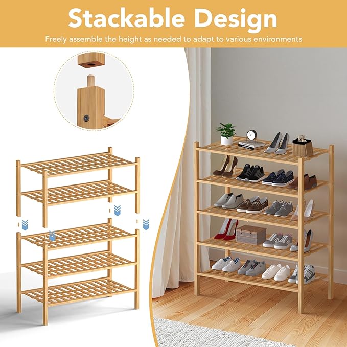 Haddockway Large 3 Tier Bamboo Shoe Rack Storage Organizer, Multifunctional Free Standing Stackable Shoe Shelf with Grid Panel for Closet,Hallway,Entryway,Small Space 27"x12"x21"