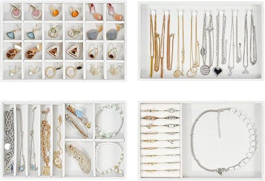 ProCase Stackable Jewelry Organizer Trays for Drawers, Jewelry Drawer Inserts Container Display Case Storage for Earring Necklace Rings Bracelet with Removable Dividers -Warmwhite, 4 Layers