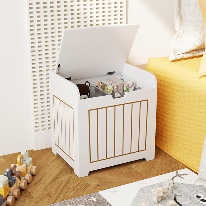 White Wooden Storage Chest Box, Small Cube Storage Organizer with Door, Modern Entryway Storage Bin for Home Books, Clothes, Plants, Square Side Table for Living Room or Bedroom