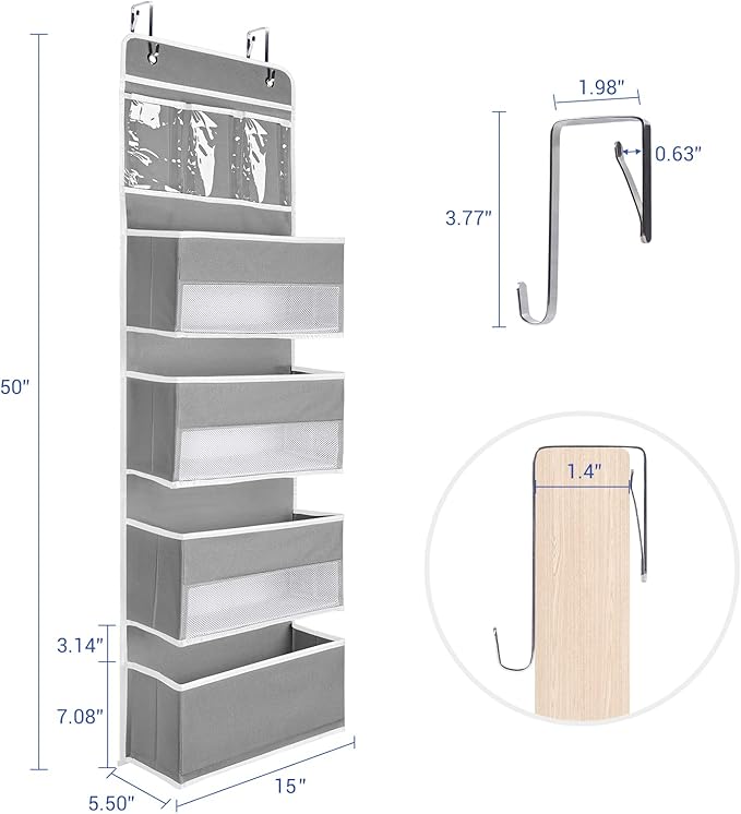 NesTidy Over The Door Organizer Storage, Wall Mount Hanging Organizer with 4 Large Capacity Pocket Organizers and 3 Small Pockets for Baby Essentials, Toys, Cosmetics, and Sundries (Grey, 1 Pack)