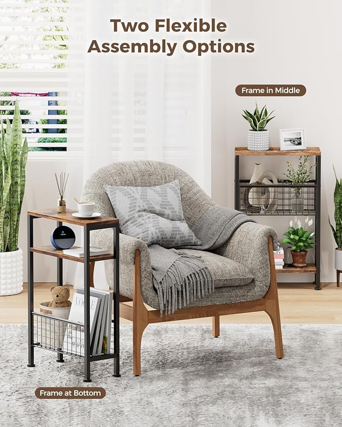 Karii Narrow Side Table, Skinny End Table for Small Spaces with Storage, 3-Tier Slim Wooden Bedside Nightstand Thin Couch Table for Living Room Bedroom Office Dorm Kitchen Bathroom (2, Rustic Brown)