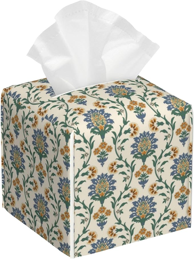 Turkish Motifs Tissue Box Cover Square,Tissue Box Holder with Belt Bottom,Stylish Leather Napkin Holder for Vanity Countertop,Nightstands,Office Desk,5.2"Ã5.2"Ã5.2"
