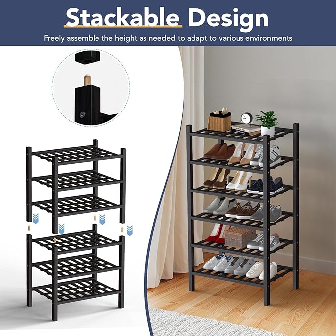 Haddockway Small 6 Tier Bamboo Shoe Rack Storage Organizer,Multifunctional Free Standing Stackable Shoe Shelf with Grid Panel for Closet,Hallway,Entryway,Small Space 18"x11"x34"