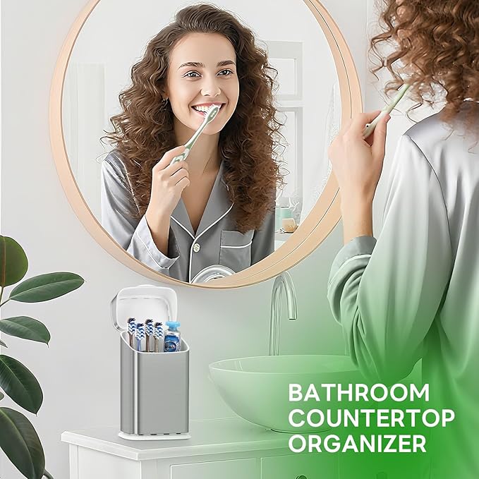 Toothbrush Holders with Cover - 5 Slots Tooth Brush Holder for Bathroom, Detachable Bathroom Counter Organizer with Drainage Kids Toothbrush and Toothpaste Holde, Silver