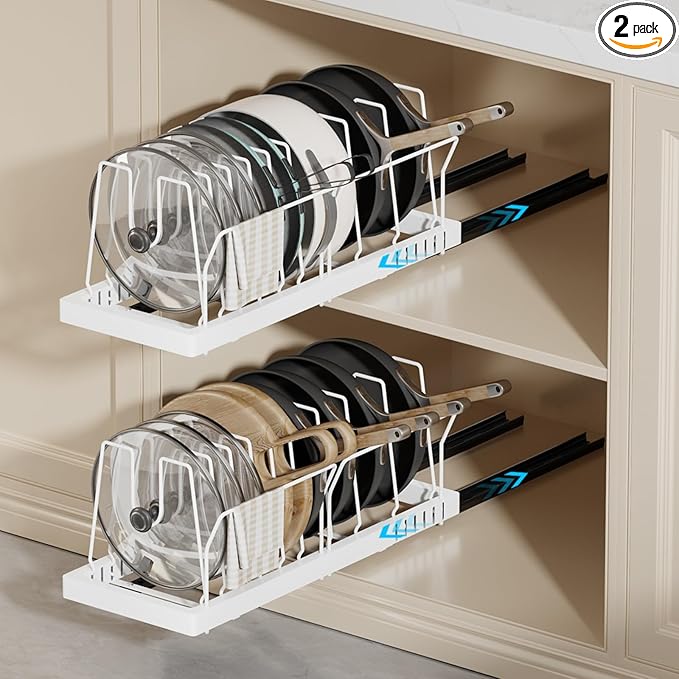 2 Pack Pots and Pans Organizer Under Cabinet, 22" Deep Expandable Pull Out Pot Lid Organizer and Storage with 10 Adjustable Dividers No Drill Pot and Pan Holder Rack with Handle Bracket(White)
