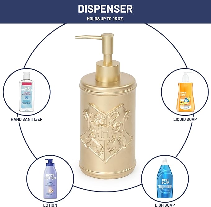 Jay Franco Harry Potter Soap Dispenser - Gold Hogwarts Crest Resin Lotion Pump - Bathroom Décor