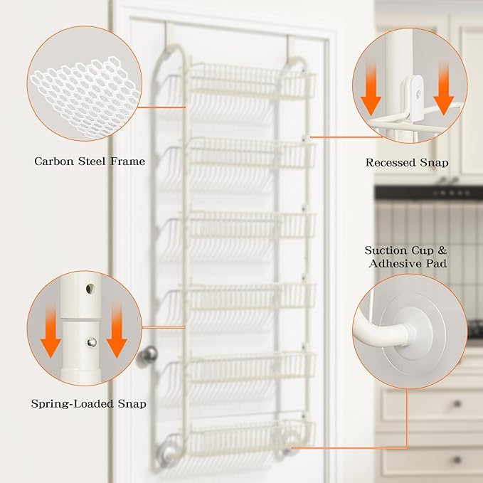 MIAOLI Over the Door Pantry Organizers and Storage, 6-Tier Spice Rack, Home & Kitchen Storage Shelves for Cabinet, Large Capacity Hanging Seasoning Organizer, Laundry Room Organization, White